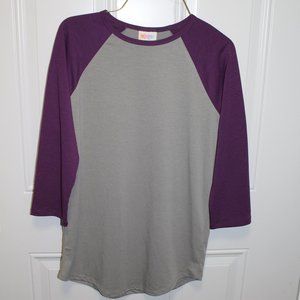 LulaRoe Baseball Shirt Gray w/ purple sleeves Sz S